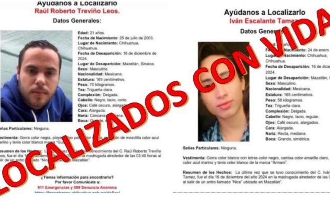 Reportan con vida de los dos jóvenes chihuahuenses desaparecidos en Mazatlán (23/12/2024). Foto: Especial