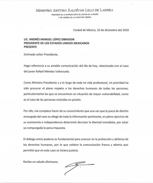 La carta que AMLO le envió al presidente de la SCJN para intervenir en caso de joven preso