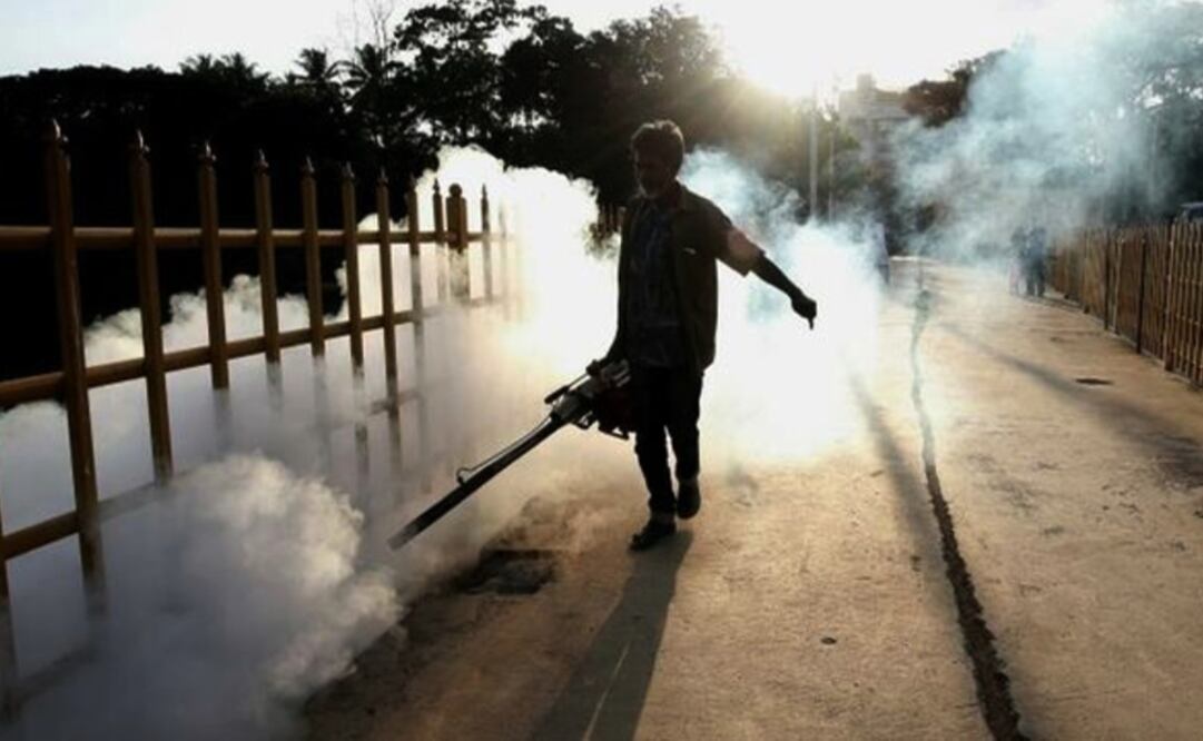 Untrabajador de la administración pública de Bangalore durante una fumigación para erradicar la amenaza de los mosquitos en el lago Ulsoor, en India. Foto: EFE
