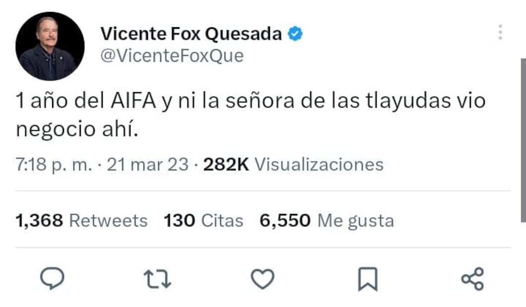 Vicente Fox revivió una de las polémicas que ha atravesado el AIFA. Foto: Captura de pantalla tomada de Twitter