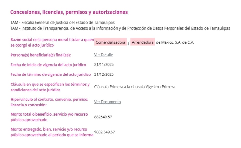 Registro de contraro por 882 mil pesos. Captura de pantalla: Plataforma Nacional de Transparencia.