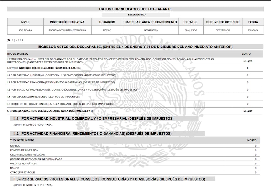 Declaración de situación patrimonial y de intereses de Felipe de Jesús, maquinista del Tren Interoceánico que descarriló en Nizanda, Oaxaca. Foto: captura de pantalla