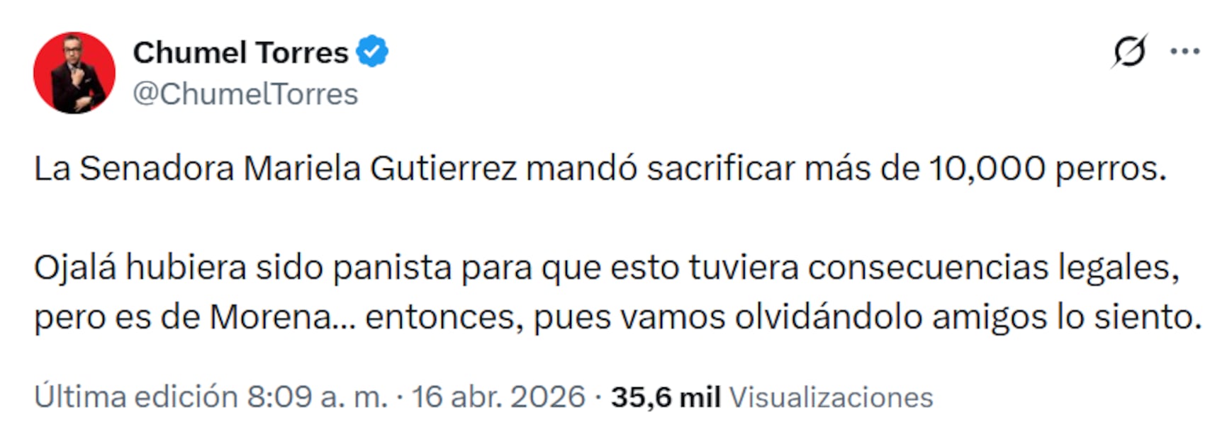 Comentario de Chumel Torres respecto a Mariela Gutiérrez en X. Foto: X