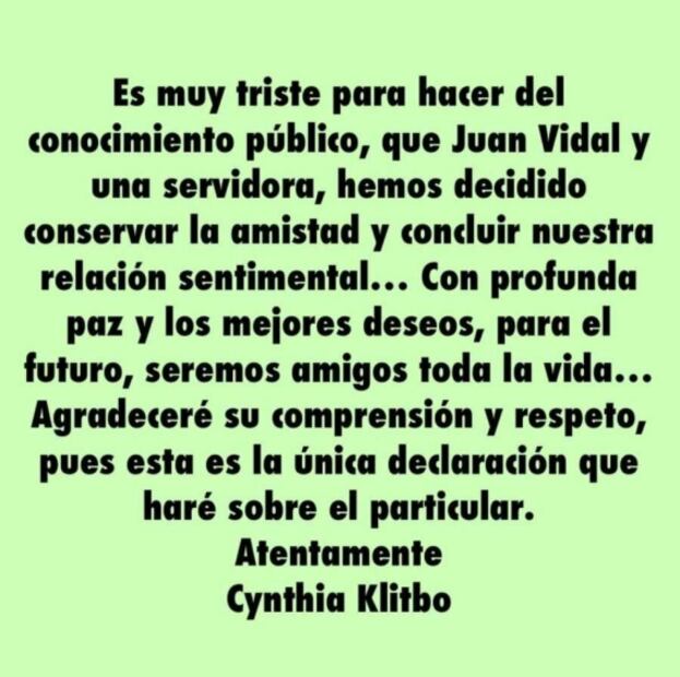 Con mucha paz, Cynthia Klitbo anuncia el fin de su relación con Juan Vidal
