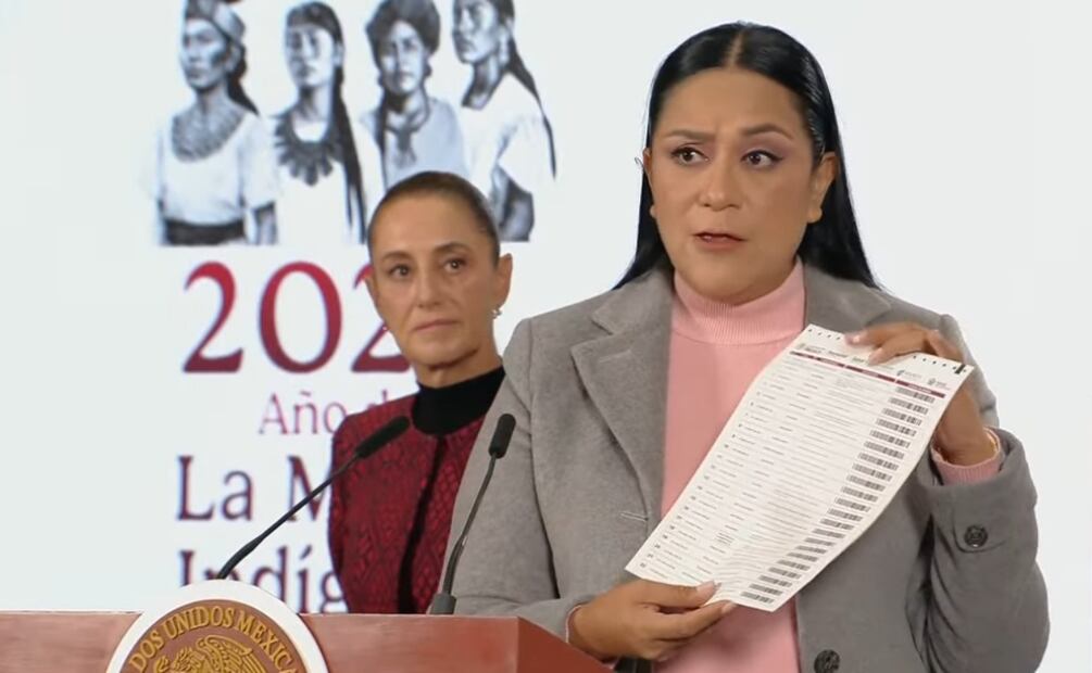 Ariadna Montiel, secretaria del Bienestar, en la mañanera de este 2 de diciembre. Foto: Captura de pantalla