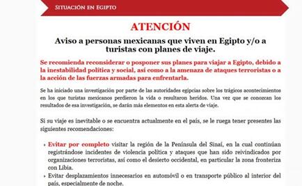 Mexico presents travel alert for Egypt