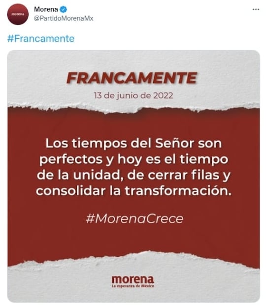 "Los tiempos del Señor son perfectos", dice Morena en medio de "división" con Ricardo Monreal