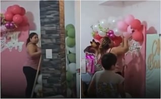 Mujer destroza adorno de globos en plena fiesta por falta de pago; video se viralizó en redes
