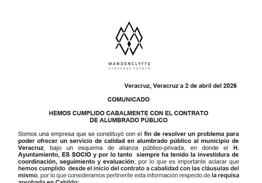 Comunicado de la empresa Wardenclyffe Veracruz Puerto. Foto: Especial