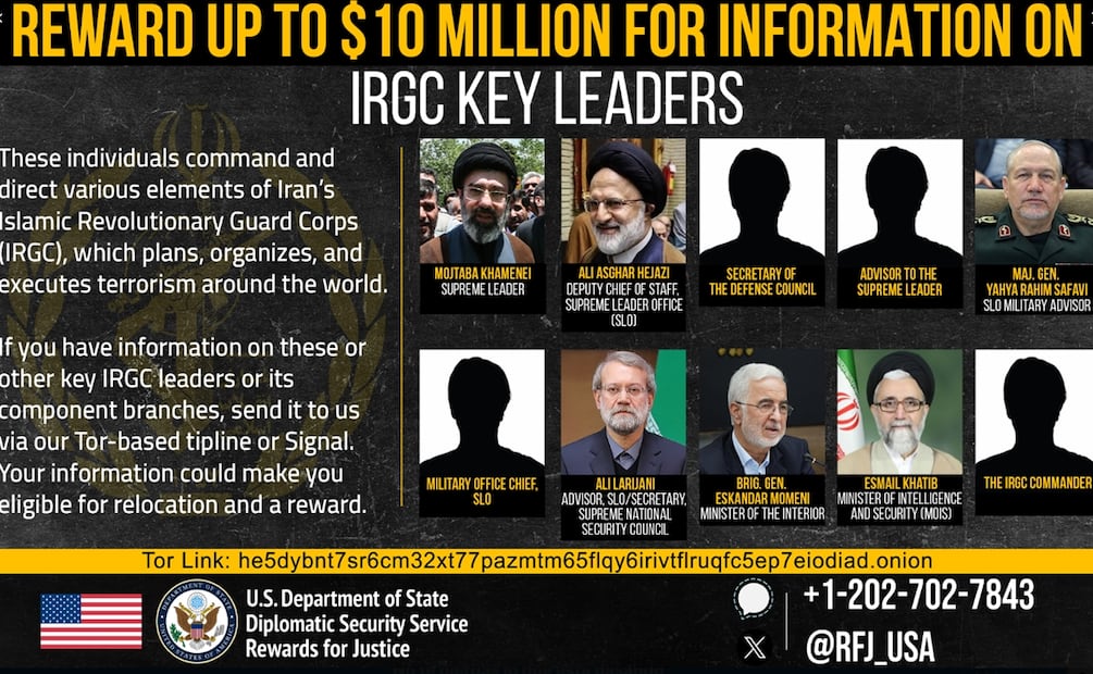 Estados Unidos ofreció este viernes una recompensa de 10 millones de dólares por información sobre el paradero del guía supremo de Irán, Mojtaba Jamenei, y otros altos funcionarios de ese país. Foto: X / Vía @RFJ_USA