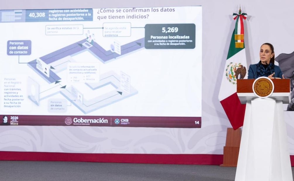 Presidenta Claudia Sheinbaum habla del informe de personas desaparecidas durante su conferencia de prensa desde Palacio Nacional (27/03/2026). Foto: Hugo Salvador / EL UNIVERSAL