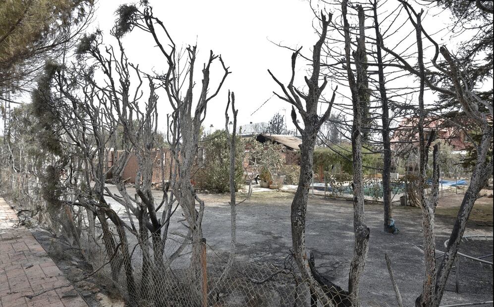 Imagen de viviendas afectadas por el fuego en la localidad Soto de Viñuelas mientras continúan las labores de extinción del incendio en Tres Cantos, Madrid, el martes 12 de agosto de 2025. Foto: EFE