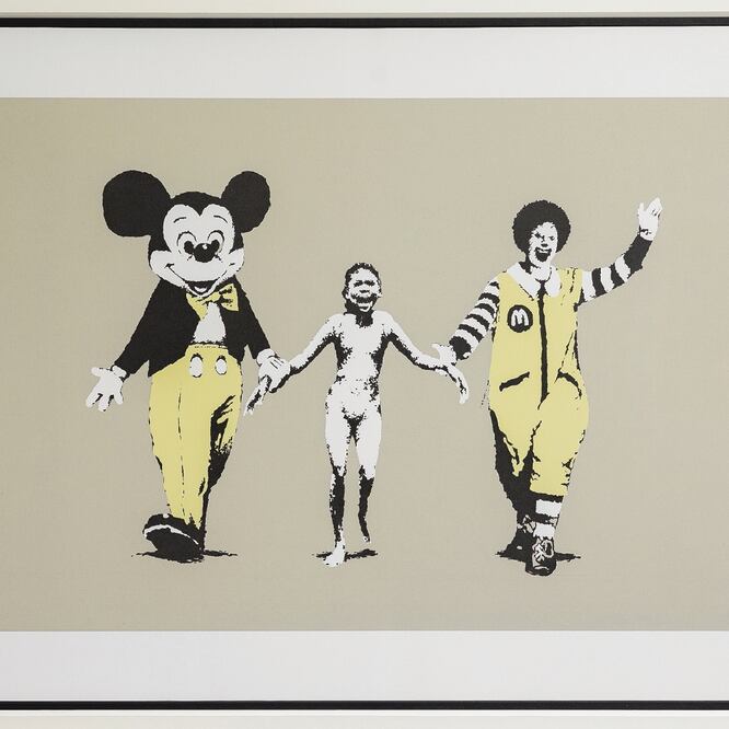 Napalm es la pieza de Banksy, basada en la foto de la guerra de Vietnam, tomada por Huynh Cong “Nick” Ut. Foto: CORTESÍA: IFEMA-SOLD OUT.