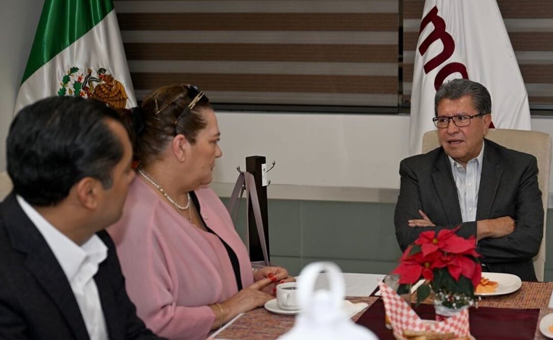 Ricardo Monreal en reunión con Sergio Gutiérrez Luna y  Guadalupe Taddei para analizar presupuesto del INE para elección judicial. Foto: X @RicardoMonrealA