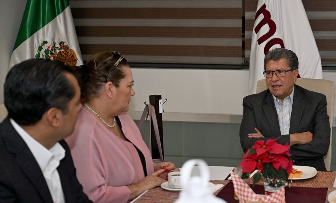 Ricardo Monreal en reunión con Sergio Gutiérrez Luna y Guadalupe Taddei para analizar presupuesto del INE para elección judicial. Foto: X @RicardoMonrealA
