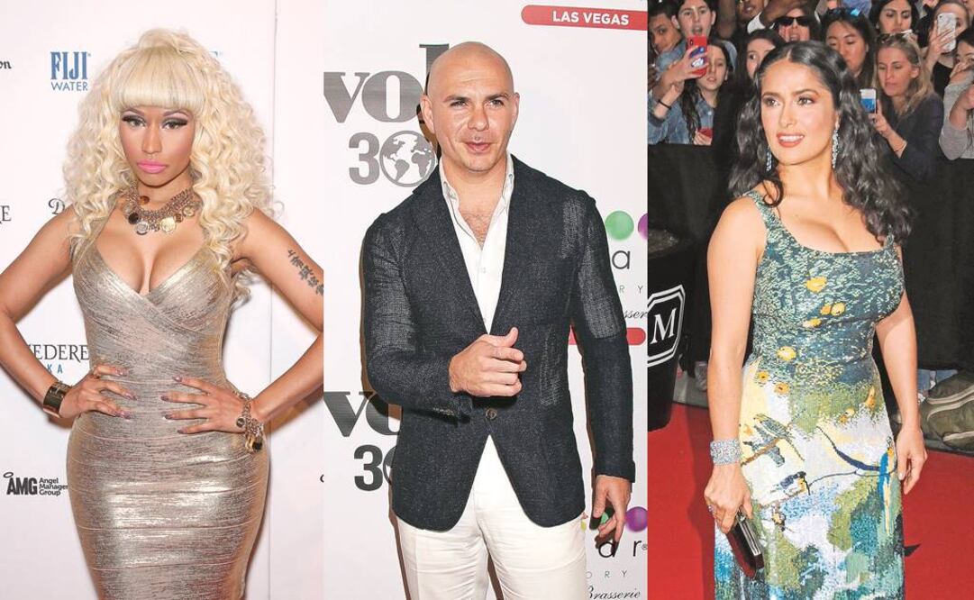 En la foto: Nicky Minaj, Pit Bull y Salma Hayek