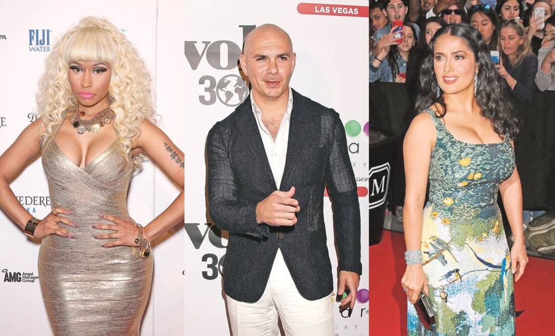 En la foto: Nicky Minaj, Pit Bull y Salma Hayek