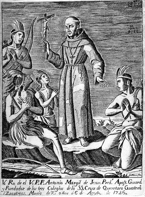Grabado que representa a fray Antonio Margil de Jesús predicando a los indígenas (ESPECIAL)