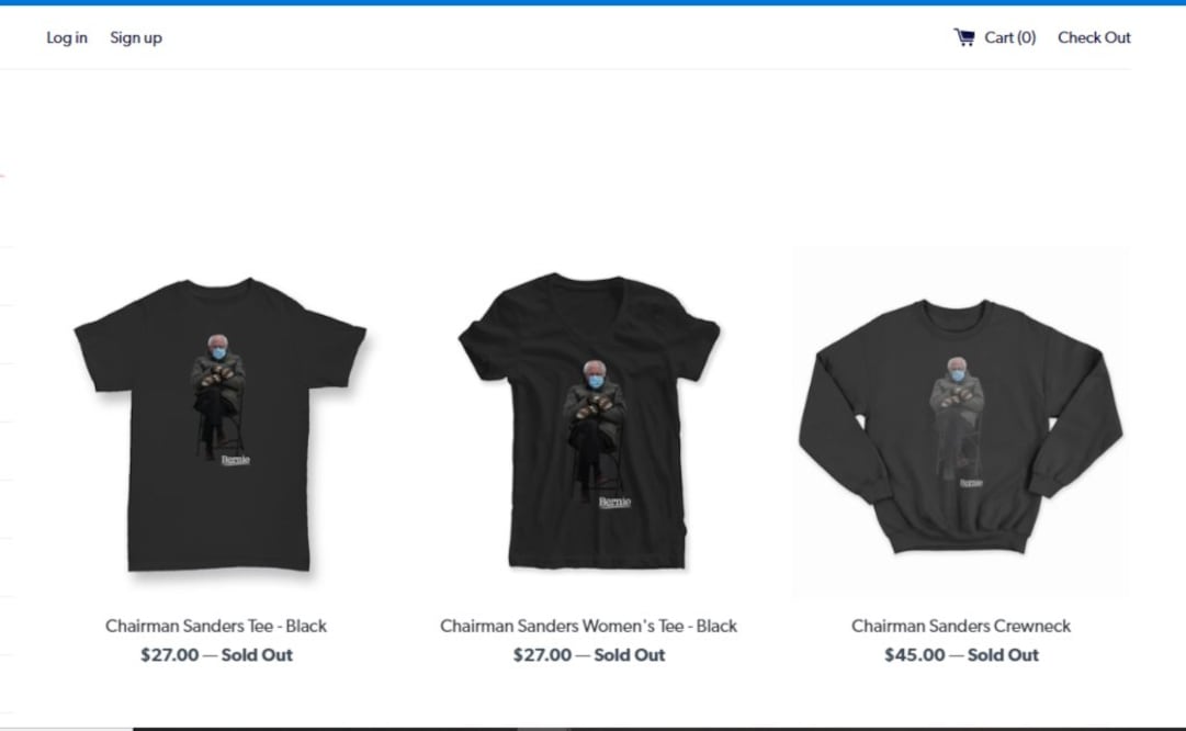 Bernie Sanders ofrece desde sudaderas hasta playeras con su icónica foto estampada / Foto: Captura de pantalla