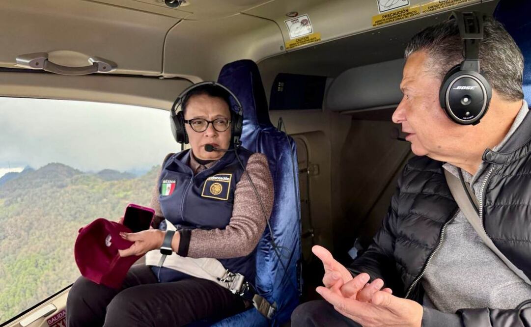 Rosa Icela Rodríguez sobrevuela zonas afectadas en Hidalgo junto al gobernador Julio Menchaca este miércoles 15 de octubre de 2025. Foto: Especial