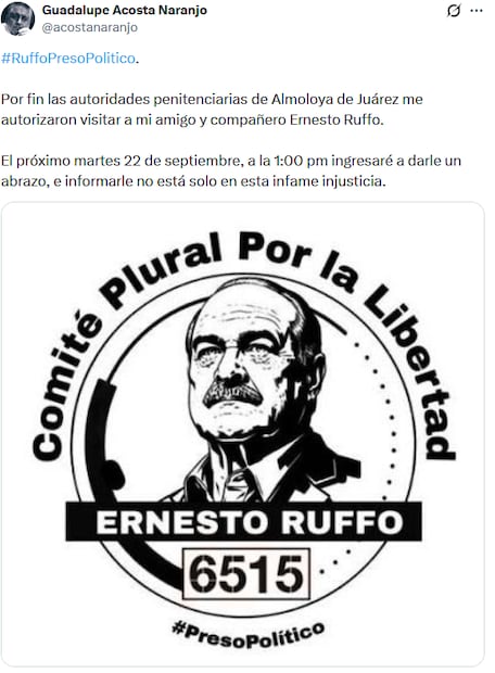 Guadalupe Acosta Naranjo, presidente de Somos, anuncia una visita a Ernesto Ruffo Appel en el Altiplano (18/09/2026). Foto: Especial