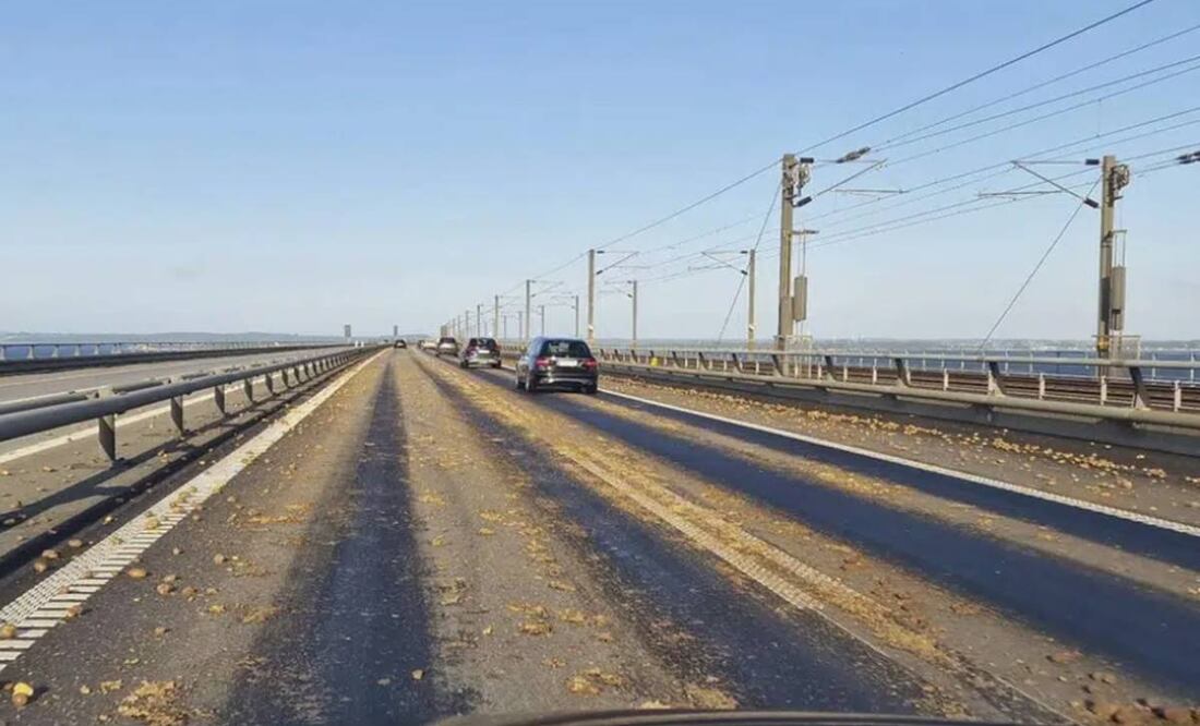 Papas tiradas por la carretera en el lado occidental del Puente Gran Belt en Dinamarca, el jueves 1 de junio de 2023. Foto: AP