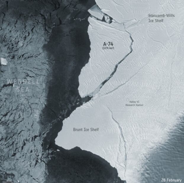 Desde el espacio, satélite muestra imágenes del nuevo iceberg gigante A-74