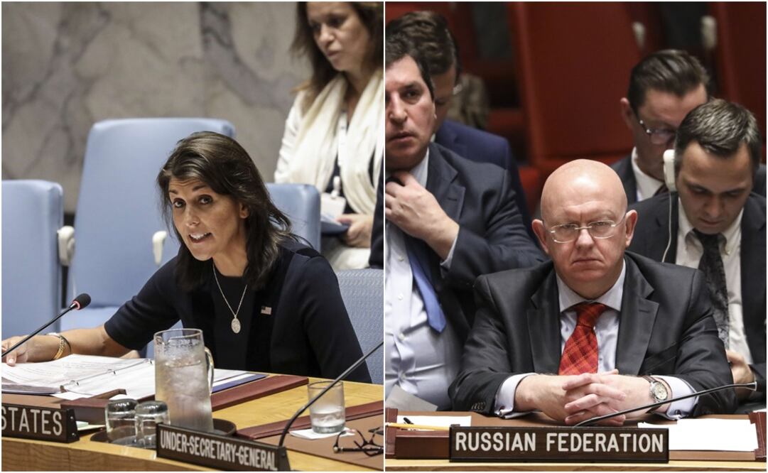 La embajadora estadounidense en la ONU, Nikki Haley, y el embajador ruso, Vassily Nebenzia (Fotos: AFP)