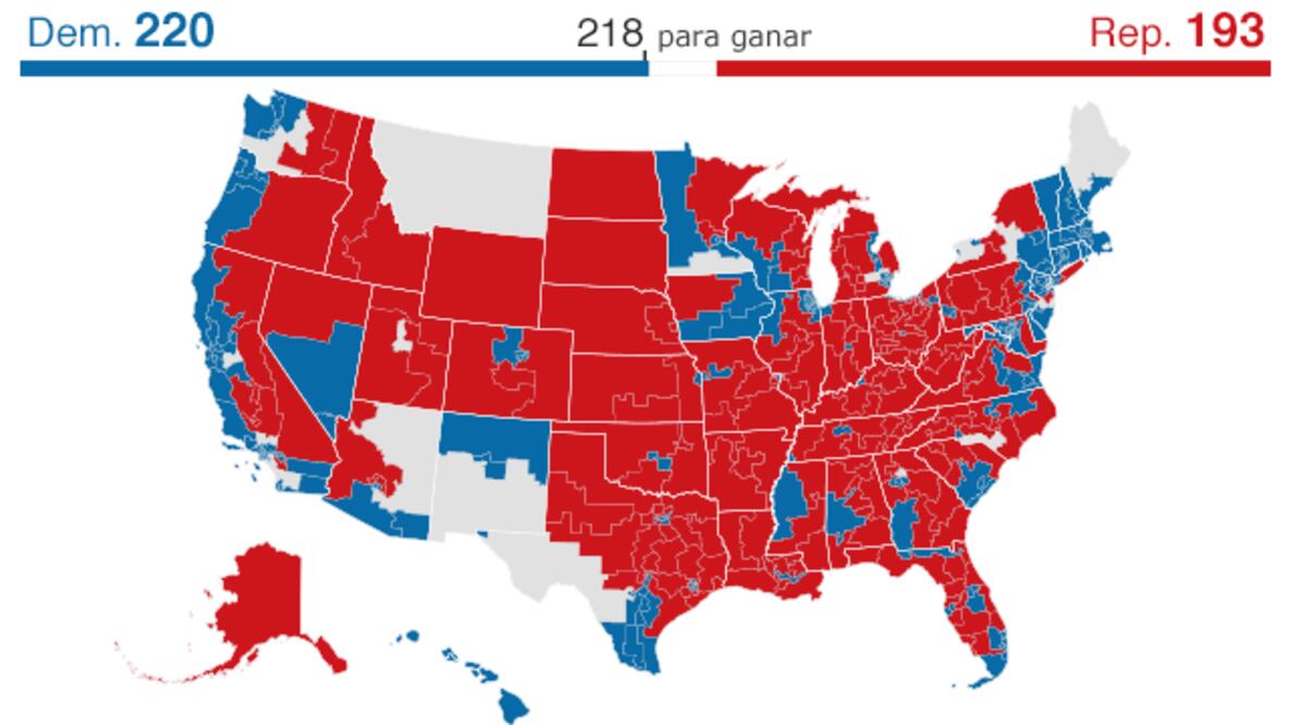 BBC La costa este y oeste, más urbanas, se ven dominadas por los demócratas. El centro, generalmente más rural, aparece con el rojo de los republicanos.