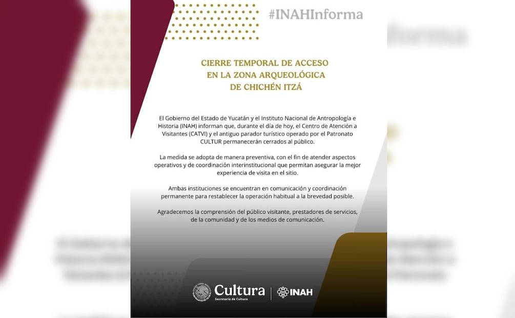 El INAH anunció en su página de Facebook el cierre de la zona arqueológica. | Foto: Especial.