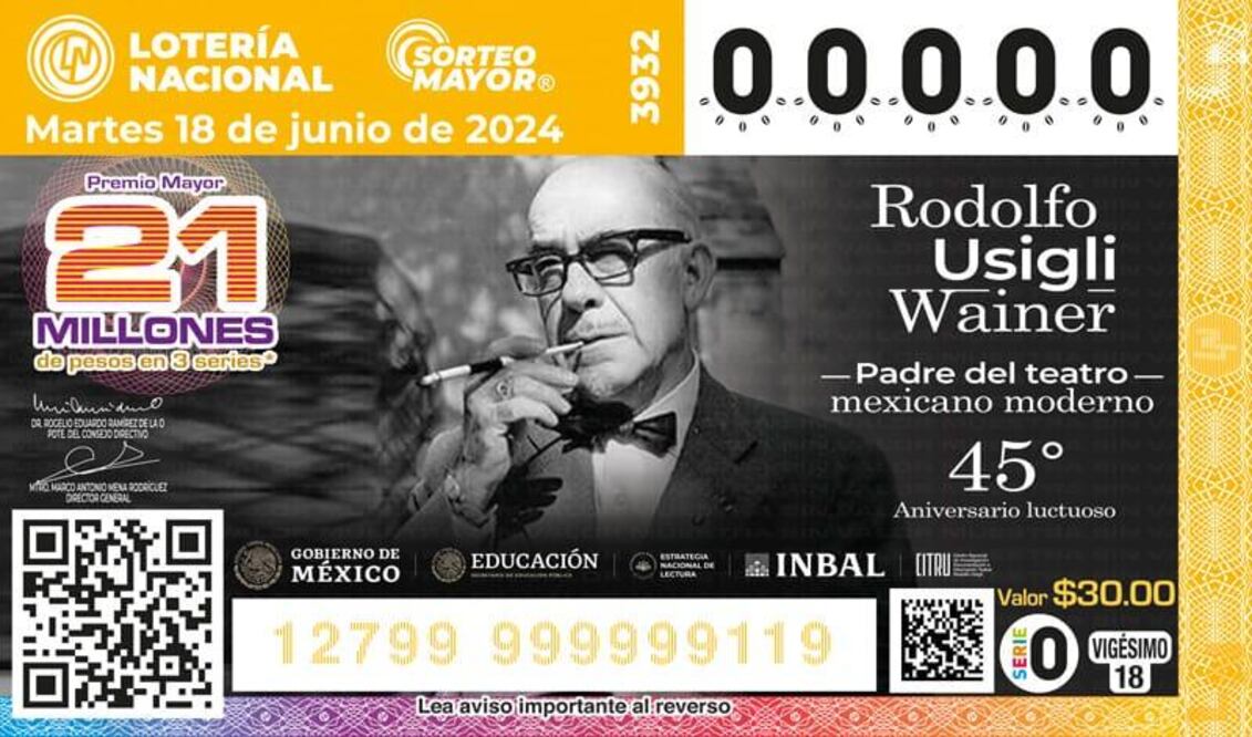 SEP, Inbal y Lotería Nacional rinden homenaje al escritor y dramaturgo Rodolfo Usigli. Foto: especial