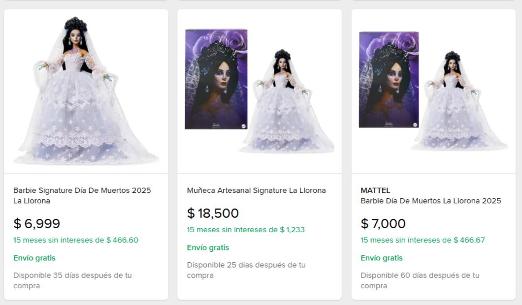 Precios de revendedores de la Barbie inspirada en La Llorona. Foto: Mercado Libre