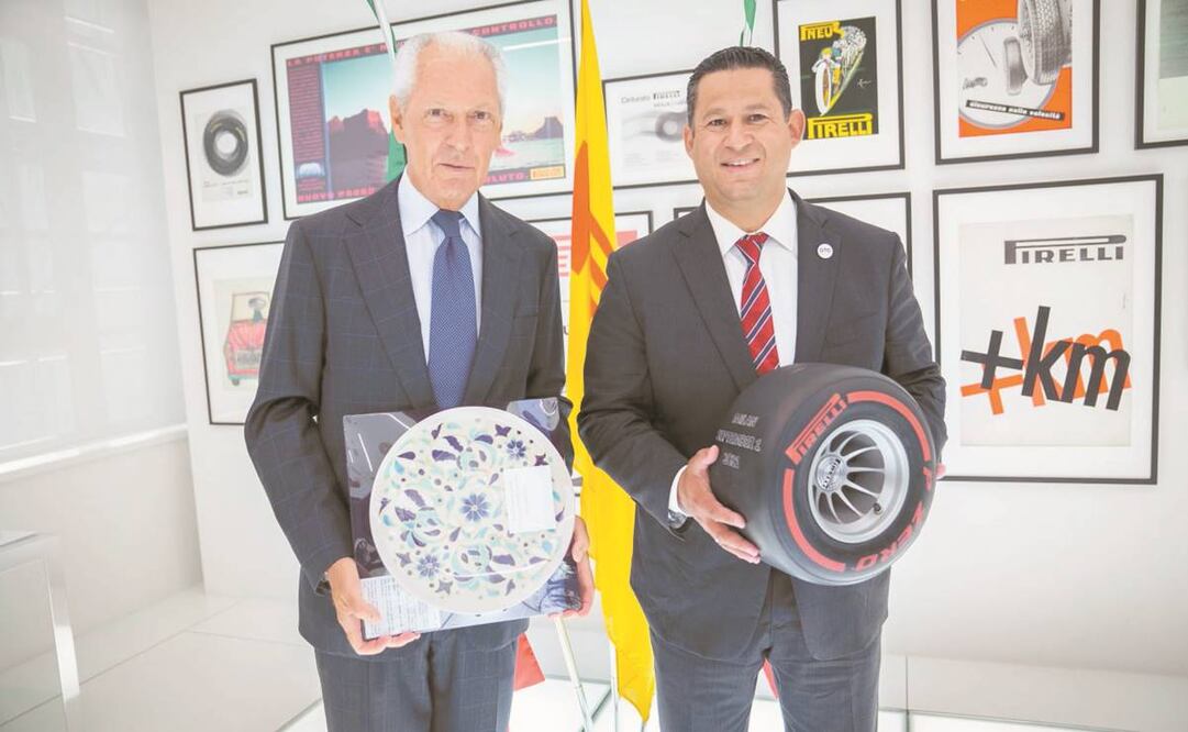 El CEO de Pirelli a nivel global, Marco Tronchetti (izq.), se reunió con el gobernador de Guanajuato, Diego Sinhue Rodríguez Vallejo. Foto: Especial.