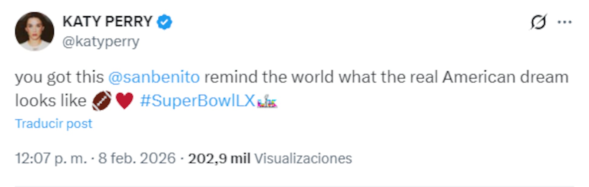 Publicación de Katy Perry dedicada a Bad Bunny. Foto: X