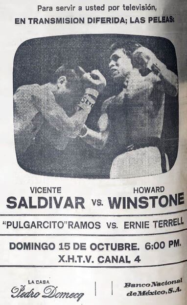 Anuncio de la retransmisión de la pelea Saldívar vs. Winstone ocurrida en el Estadio Azteca. Foto: Hemeroteca EL UNIVERSAL.
