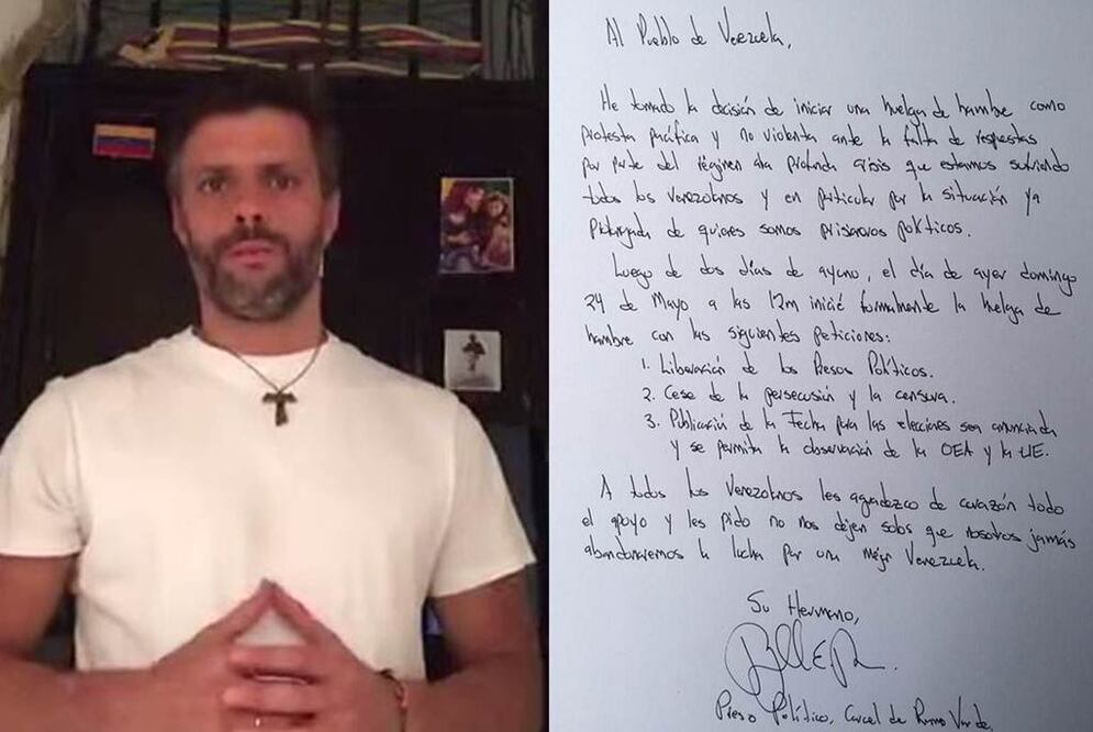 López escribió en una carta difundida por su esposa que protesta por la "liberación de los presos políticos", el "cese de la persecución y la censura", la publicación de la fecha para las elecciones parlamentarias Fotos: @leopoldolopez