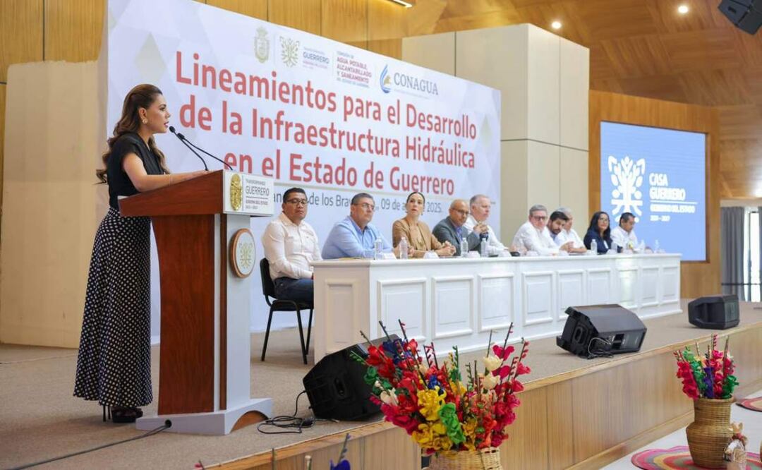 Gobernadora de Guerrero, Evelyn Salgado durante la presentación de los lineamientos para el desarrollo de infraestructura hidráulica (09/04/2025). Foto: Especial