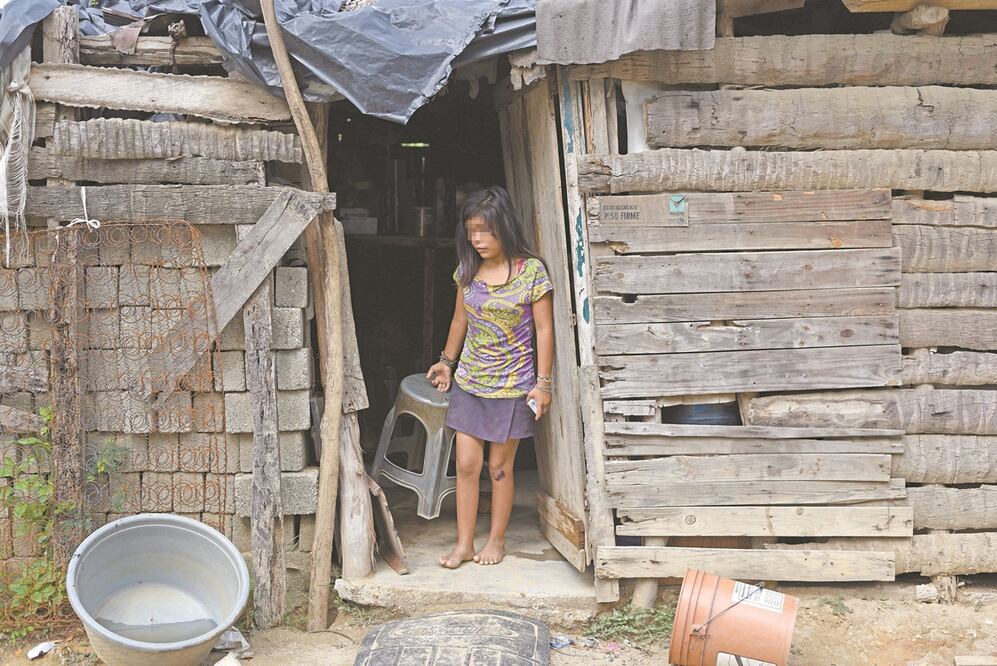 La vivienda de la adolescente está compuesta por un cuarto de ocho por cuatro metros. Una parte del techo es de lámina de cartón, otra de bolsas de plástico. No tiene cocina ni refrigerador y cuenta con dos camas para todos. Foto: SALVADOR CISNEROS