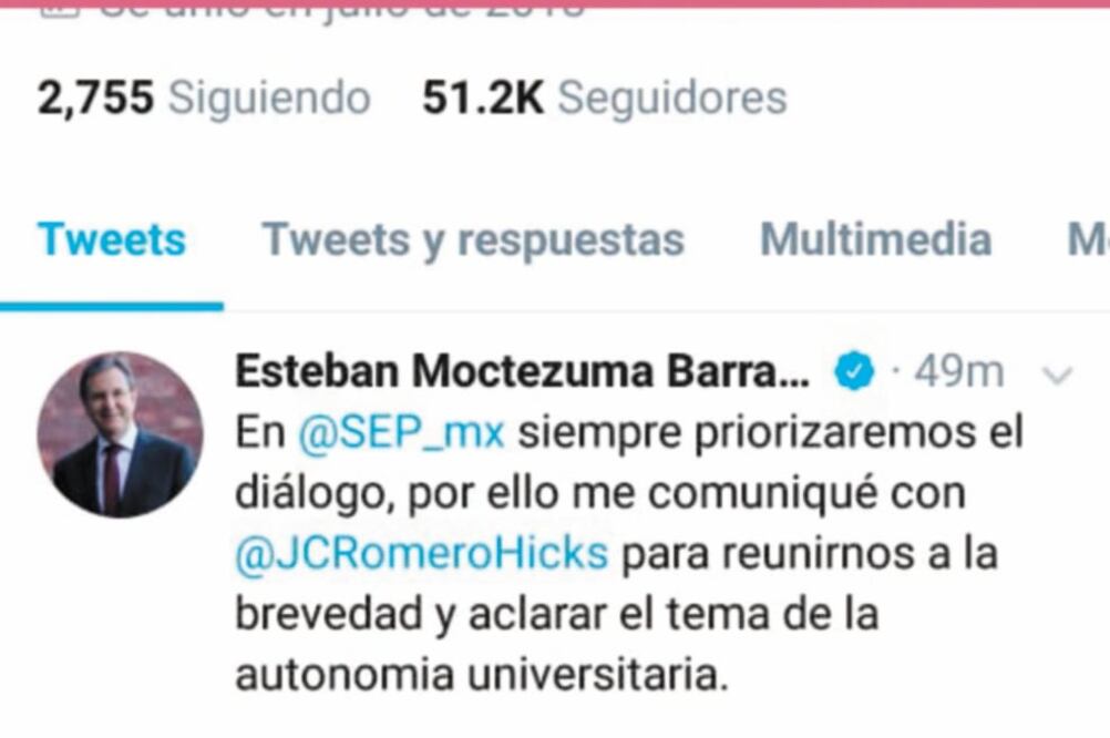 Aclaración. Esteban Moctezuma, secretario de Educación, dijo que en breve se aclarará el tema de la autonomía (TOMADA DE TWITTER)