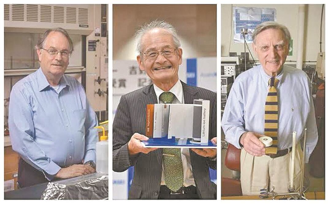 Los premiados: M. Stanley Whittingham; Akira Yoshino y John Goodenough. AGENCIAS