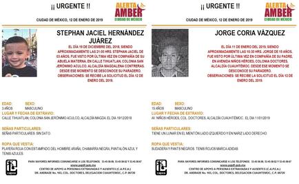 Alerta Amber para localizar a Stephan Jaciel Hernández Juárez y a Jorge Coria Vázquez