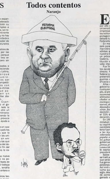 Cartón de Rogelio Naranjo, en mayo de 1996. Emilio Chuayffet “mantiene con su dulce” al entonces dirigente del PAN, Felipe Calderón, tras ceder la presidencia municipal de Huejotzingo, Puebla y recuperando su diálogo para la reforma electoral. Foto: Hemeroteca EL UNIVERSAL.