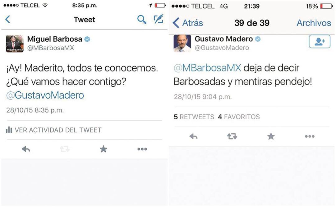 Los mensajes entre los legisladores del PRD, Miguel Barbosa, y del PAN, Gustavo Madero, luego de la aprobación de la ley de ingresos y la miscelánea fiscal 2016 en comisiones de la Cámara Alta (TOMADAS DE TWITTER)