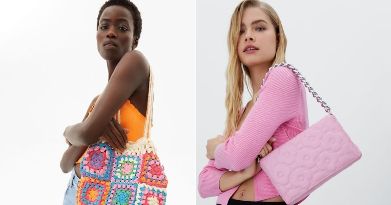 En primavera se llevan bolsos coloridos y en texturas tejidas. Fotos: Bershka / Stradivarius