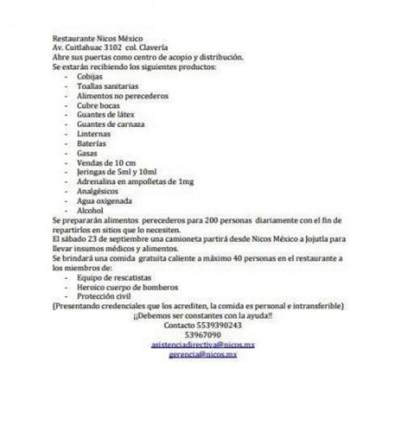 Lista de restaurantes que envían alimentos y ayuda a Morelos