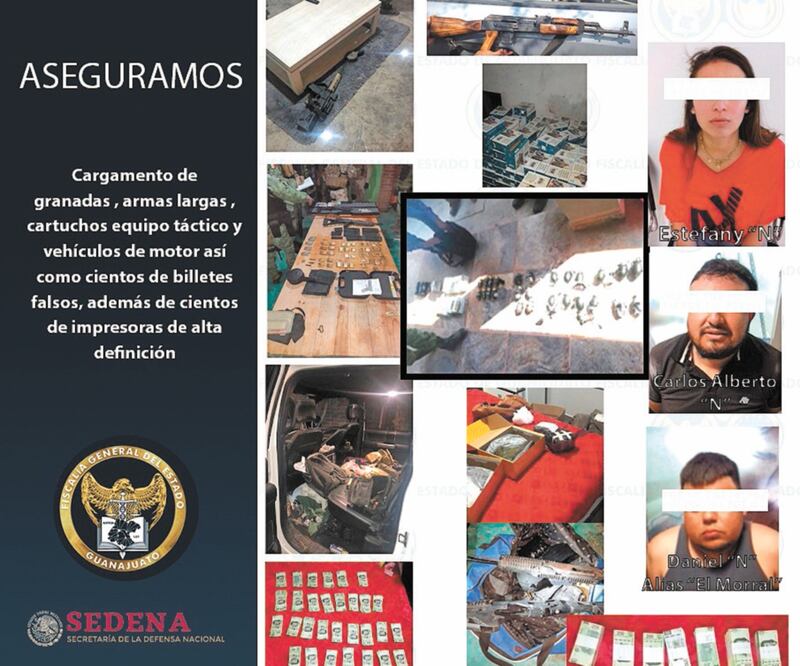 Operativo. En el cateo se encontraron impresoras, armas, equipo táctico y autos; tres personas fueron detenidas. Foto/ESPECIAL