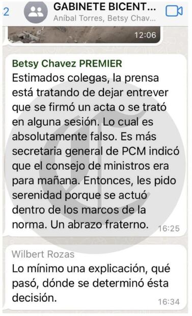 Revelan chat entre los ministros de Pedro Castillo antes y después del golpe de Estado