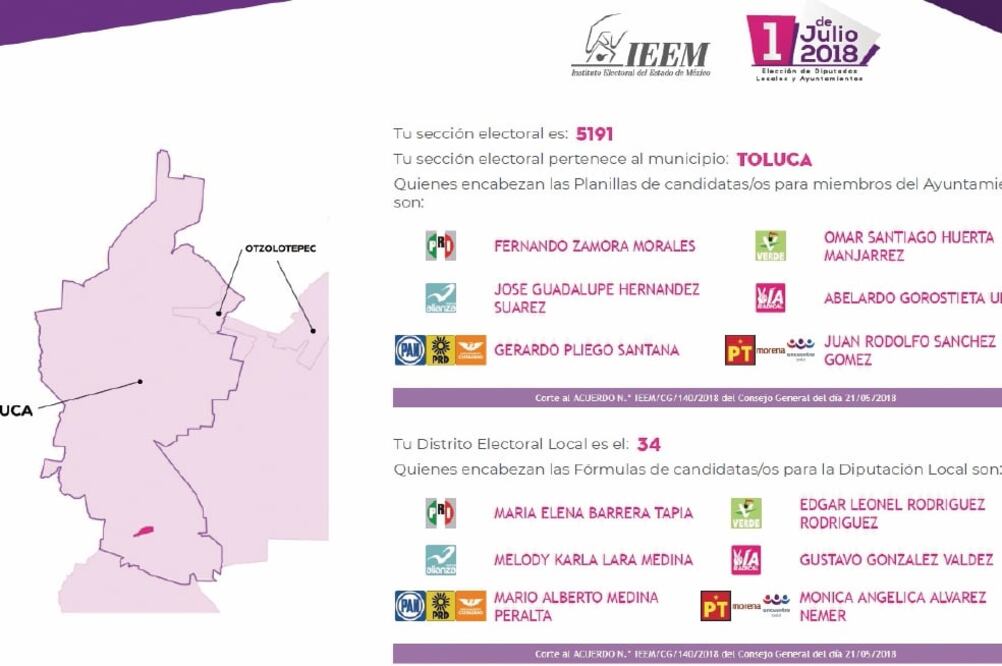 Al ingresar a la página del IEEM o directamente a http://distritopedia.ieem.org.mx se teclea la sección electoral del ciudadano y se desplega la información (CORTESÍA)
