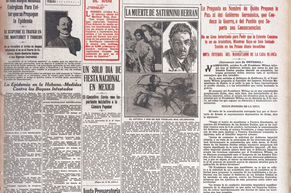 La portada del 10 de octubre de 1918 de EL UNIVERSAL decía: “UN GRAVE PELIGRO SE CIERNE SOBRE EL PAÍS”. Y se podía leer: “En guardia sobre la gripe española. Departamento de salubridad adopta medidas enérgicas para evitar que se propague la epidemia”.