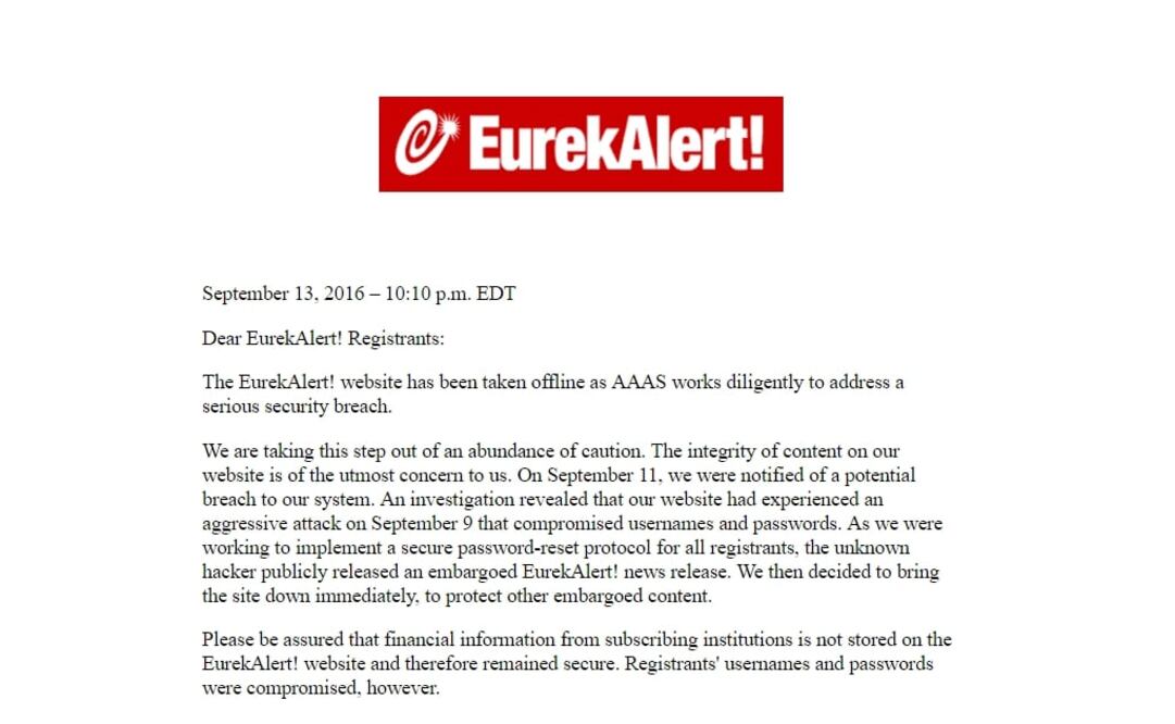 Este es el mensaje que se puede leer al ingresar a la página http://www.eurekalert.org. (FOTO: Especial)